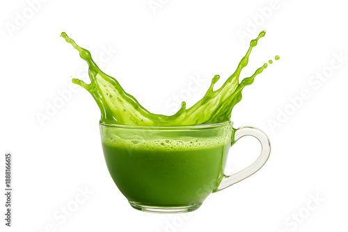 Green matcha latte splash in glass cup representing freshness energy and organic drink vitality health beverage concept aesthetic motion art isolated on transparent background realistic render