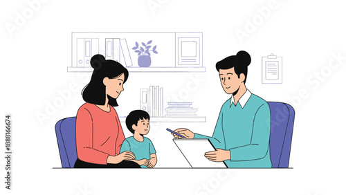 Mother and her young son attending a medical appointment with a healthcare professional in a friendly office environment.
