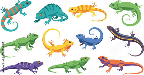 Colorful Cartoon Lizard Illustration Set Featuring Geckos and Reptiles in Various Poses for Wildlife Education, Kids Learning, and Vector Design Projects
