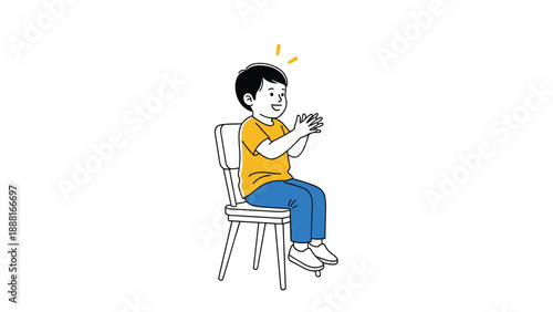 Young boy in a yellow t-shirt and blue pants sitting on a wooden chair and happily clapping his hands together.
