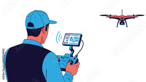 Man wearing a blue cap and vest operating a professional drone using a remote controller with a built-in screen.