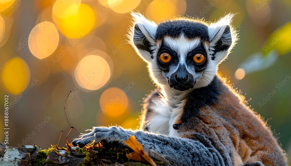 Fototapeta premium A ring-tailed lemur gazes directly at the camera with large orange eyes in sunlit forest