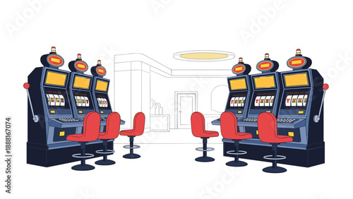 Row of classic colorful slot machines with red chairs in a well-lit casino hall or gaming entertainment center.