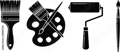 Silhouette of painting tools, artist palette, paintbrush, roller, black and white vector, home improvement, art supplies, creative design elements