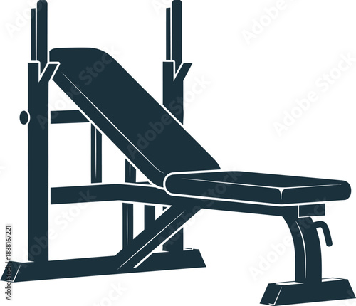 Professional dark blue weight bench vector icon. High-quality minimalist flat design featuring an adjustable incline bench and rack, ideal for fitness branding, gym logos, and bodybuilding graphics.