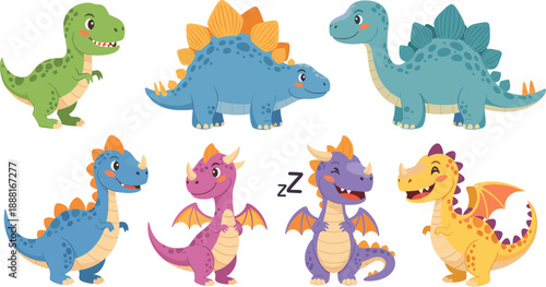 Cute Baby Dinosaur Cartoon Illustration Set Featuring Friendly Stegosaurus, Triceratops, Dragon Style Dinos, and Smiling Prehistoric Characters for Kids Vector Design
