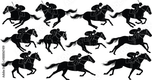 Horse racing silhouette set with galloping horse and jockey motion sequence, vector artwork
