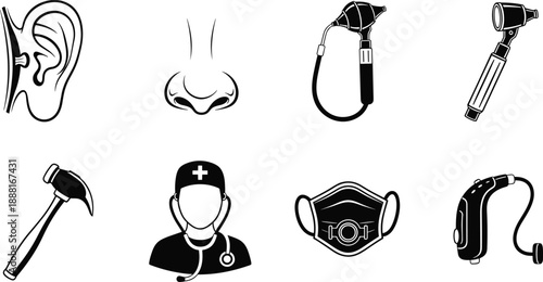 Essential ENT and Medical Examination Icons Set – Otoscope, Reflex Hammer, Hearing Aid, Face Mask, Stethoscope, Nose, Ear, Tools
