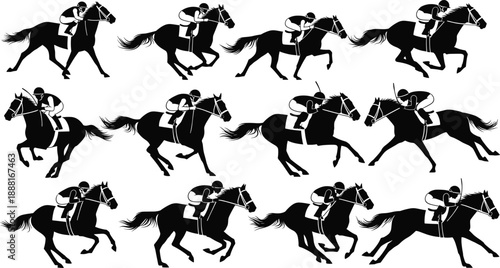 Horse racing silhouette set with galloping horse and jockey stride sequence, vector artwork