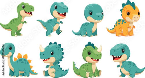 Cute Baby Dinosaur Cartoon Illustration Set Featuring Smiling Prehistoric Characters in Different Poses for Kids Education, Games, Nursery Art, and Vector Design