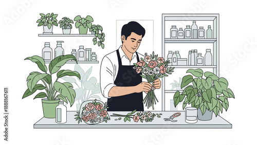 Professional male florist wearing a black apron while carefully arranging a fresh flower bouquet in a plant shop.