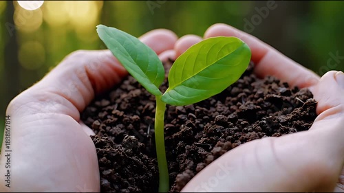 A small green sprout growing in the shape of a heart from rich dark soil, hands holding the soil carefully, bokeh forest background, environmental theme, soft sunlight, high detail, realistic.
