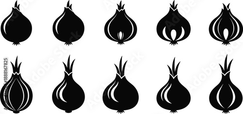 Set of ten stylized black onion icons in varied shapes and line styles for food, agriculture, and design visuals