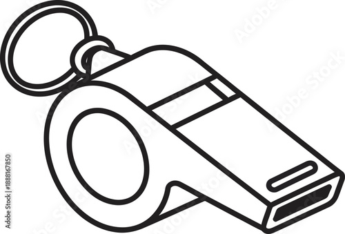 Professional black outline whistle vector with a key ring in a 3D isometric perspective. Ideal for sports coaching branding, referee equipment logos, and safety authority graphics.