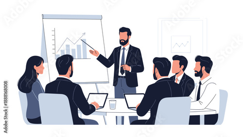 Professional businessman giving a presentation to a group of attentive colleagues in a modern office meeting room.