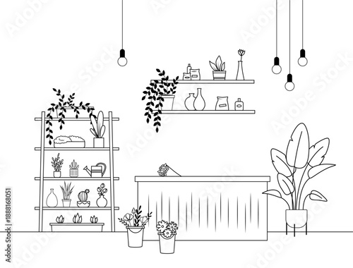Flower shop interior with shelves and plants. Interior of a flower shop. Vector lineart illustration