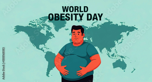 World Obesity Day awareness illustration of an overweight man against a world map background to promote health