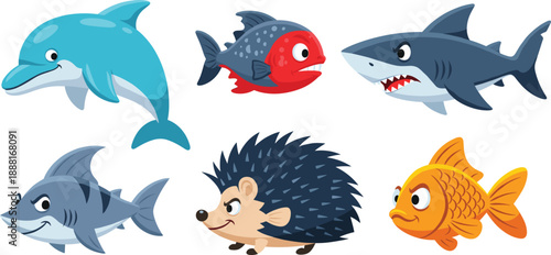 Cute Cartoon Sea and Animal Character Illustration Set Featuring Dolphin, Sharks, Piranha, Hedgehog, and Goldfish for Kids Games, Education, and Vector Design