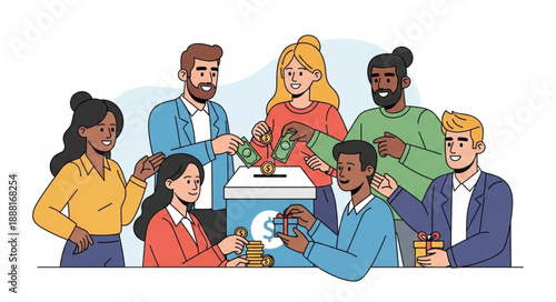 Diverse group of people donating money to charity box.