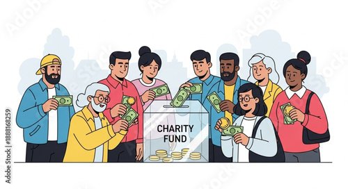 Diverse Group of People Donating Money to Charity Fund Box.