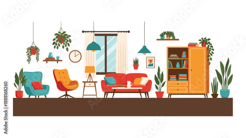 Cozy and colorful living room interior design filled with numerous green potted plants and comfortable furniture.
