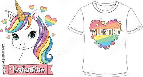 Unicorn and t-shirt design with rainbow colors isolated on a transparent background