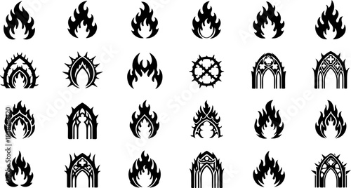 Occult Fire Symbols Silhouette Set – Mystical Eyes, Ritual Icons & Esoteric Elements