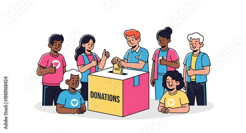 Diverse group of people donating to a charity box.
