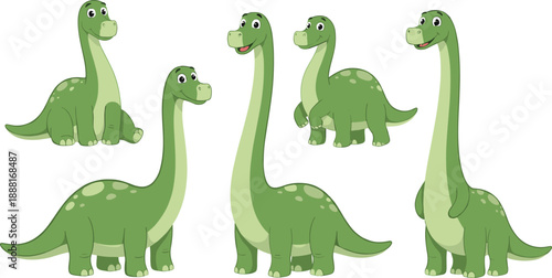 Cute Long Neck Dinosaur Cartoon Illustration Set Featuring Friendly Brachiosaurus and Sauropod Characters in Multiple Poses for Kids Education and Vector Design