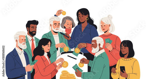 Diverse group of people donating coins to a piggy bank.