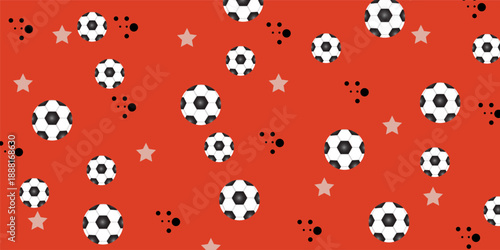 Soccer balls and stars. Football pattern from balls, red background. Pattern for textiles, pillows, clothes, background, packaging, notepads.