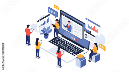Isometric illustration of people using digital devices for online learning around a giant laptop computer screen.