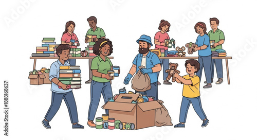 Diverse group of people donating items for charity.