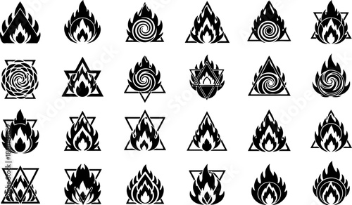 Occult Fire Symbols Silhouette Set – Mystical Eyes, Ritual Icons & Esoteric Elements