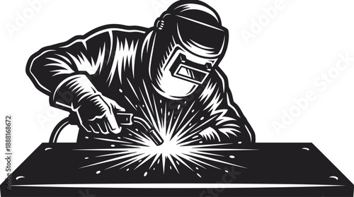Black and white illustration of welder in protective gear using torch for industrial, fabrication, and safety visuals