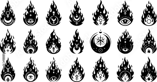 Occult Fire Symbols Silhouette Set – Mystical Eyes, Ritual Icons & Esoteric Elements