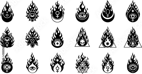Occult Fire Symbols Silhouette Set – Mystical Eyes, Ritual Icons & Esoteric Elements