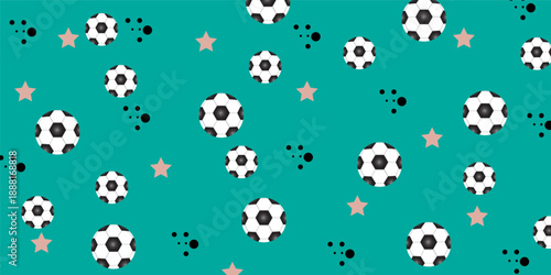Soccer balls and stars. Football pattern from balls, blue background. Pattern for textiles, pillows, clothes, background, packaging, notepads.