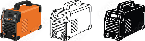 Three stylized icons of portable welding machine in color, outline, and silhouette for industrial and instructional visuals