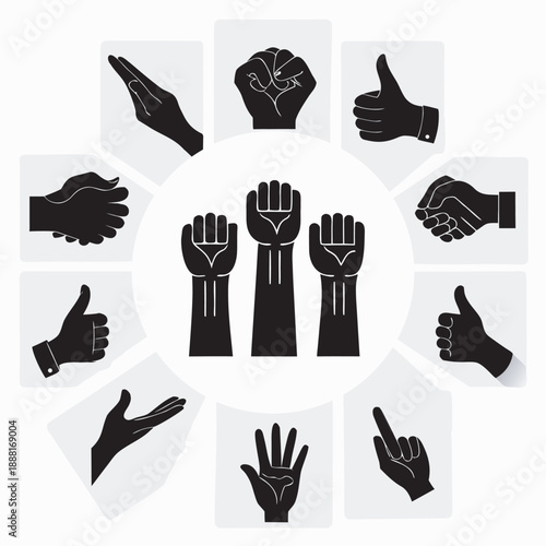 A collection of black hand drawn vector icons showing hands and fingers making common gestures and symbols