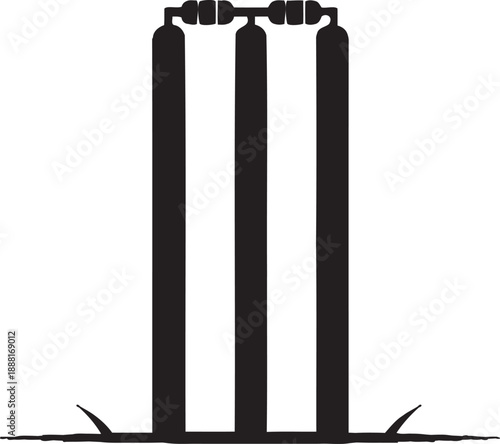 Professional black cricket wickets vector icon with bails and grass detail. High-quality minimalist silhouette ideal for sports league branding, cricket club logos, and tournament graphics. 
