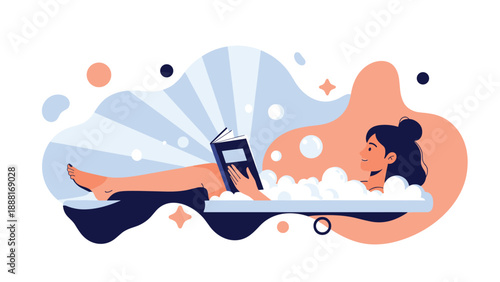 Relaxed woman reading a book while lying in a bathtub filled with white soap bubbles against a blue background.