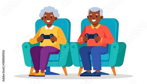 Cartoon illustration of an elderly couple joyfully gaming, sitting in teal armchairs