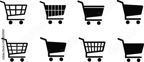 Assortment of black shopping cart icons in various styles trolley symbol