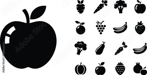 Large apple silhouette with grid of assorted fruit and vegetable icons for food, nutrition, and educational visuals