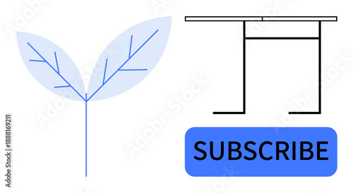 Digital marketing, subscription services, minimal design, eco-themed branding, modern interface, online content creation. Blue leaves, Subscribe button and minimal table outline design. Digital