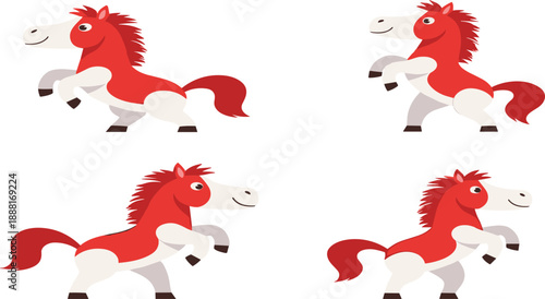 Cute Red Cartoon Horse Illustration Set Showing Running and Jumping Poses for Kids Games, Animation, Mascot Design, Playful Characters, and Vector Graphics