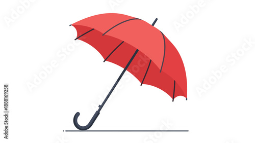 Simple flat illustration of an open red umbrella used for protection against rain and sun shown on a white background.