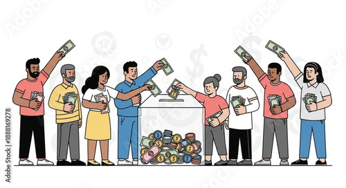 Diverse group of people donating money to charity box.