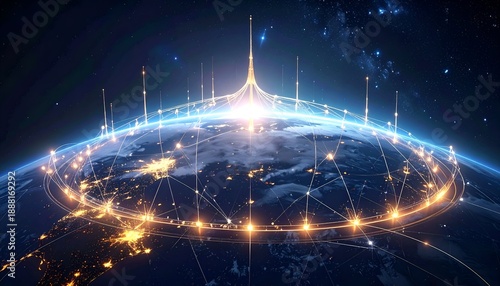 Digital network emanating light across a simulated Earth, connected by data streams